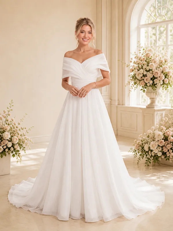 ChicSew Elegant Off The Shoulder Ruching Sleeveless Tulle A-Line Long Wedding Dress made by ChicSew