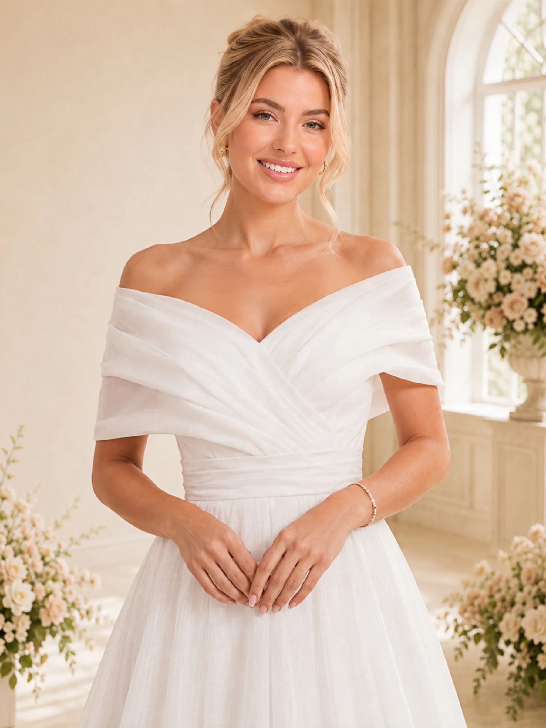 ChicSew Elegant Off The Shoulder Ruching Sleeveless Tulle A-Line Long Wedding Dress sold by ChicSew product image thumbnail 2