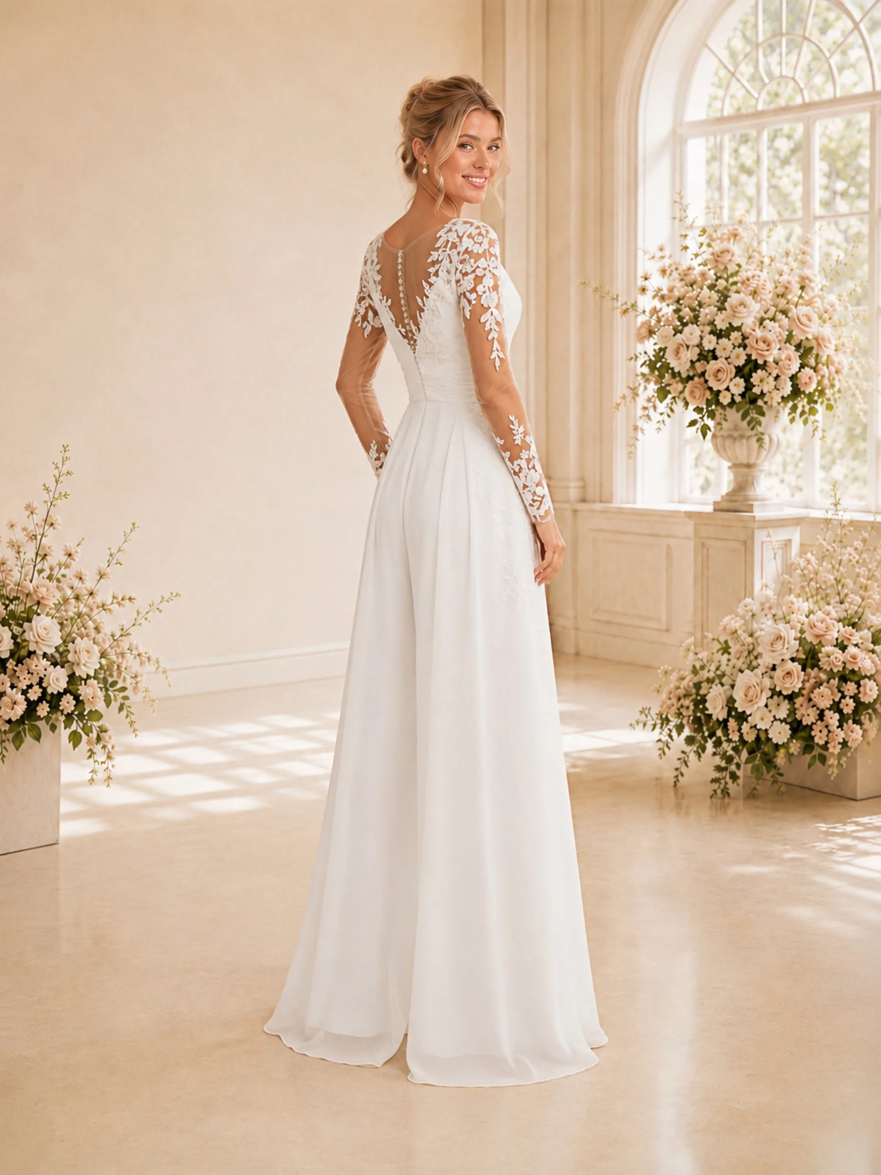ChicSew Elegant Illusion Long Sleeves Lace Chiffon Long Wedding Jumpsuit sold by ChicSew product image thumbnail 4