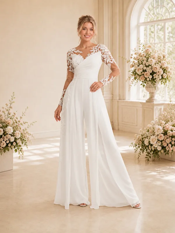 ChicSew Elegant Illusion Long Sleeves Lace Chiffon Long Wedding Jumpsuit made by ChicSew