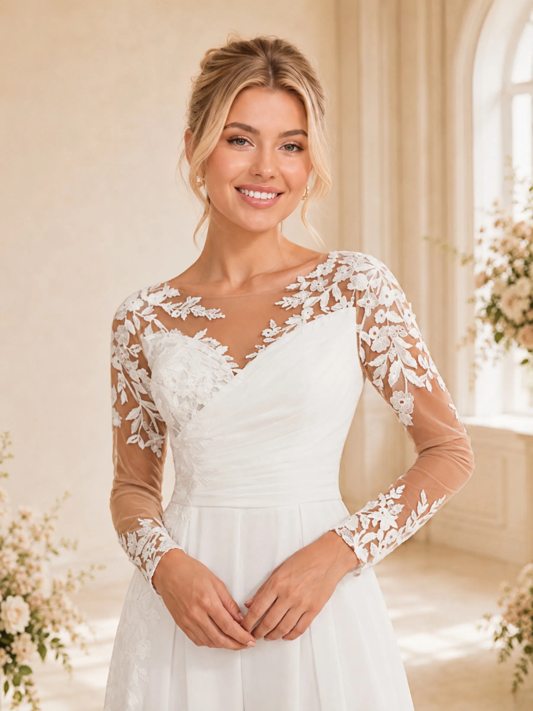 ChicSew Elegant Illusion Long Sleeves Lace Chiffon Long Wedding Jumpsuit sold by ChicSew product image thumbnail 2