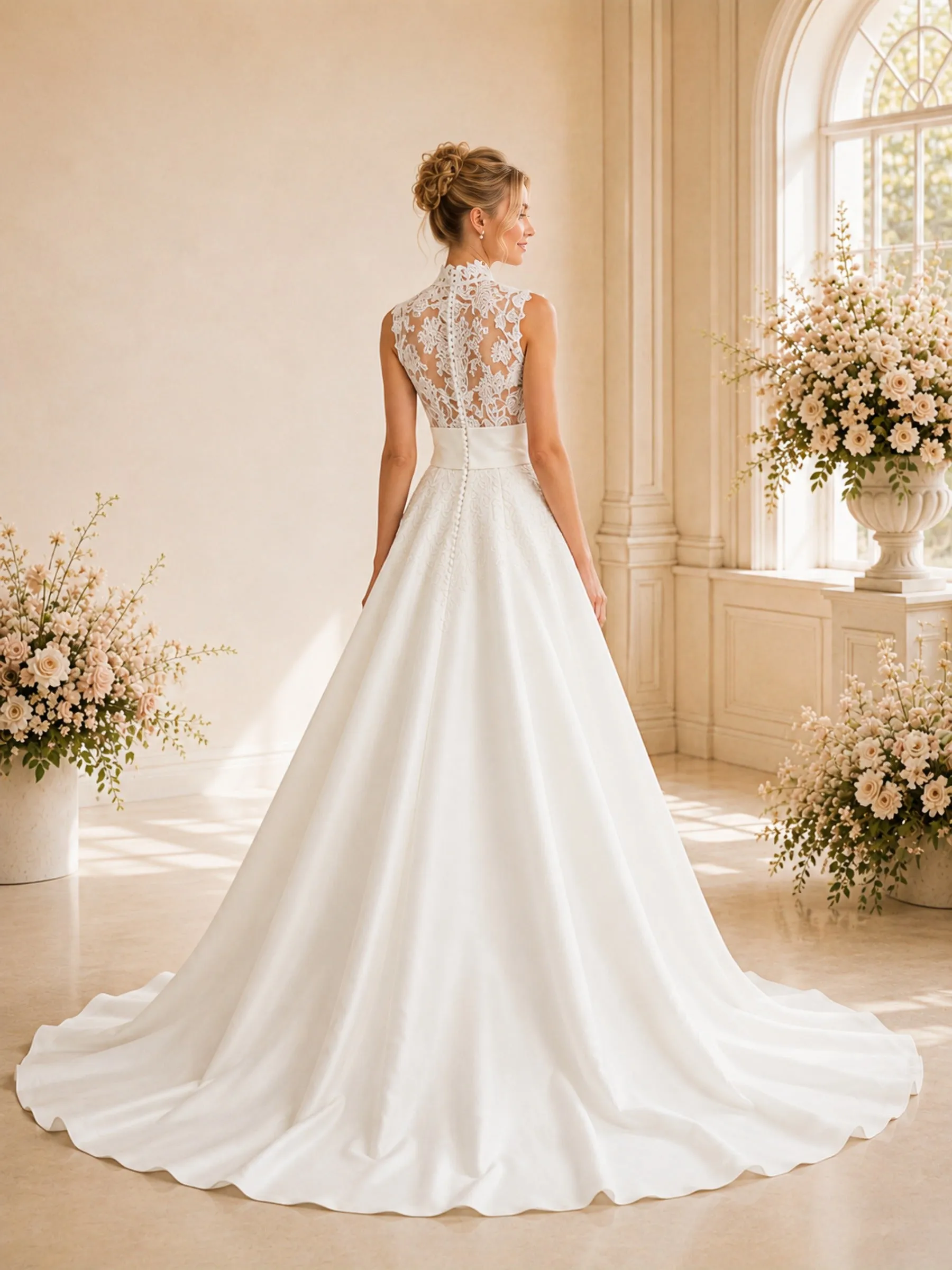 ChicSew Elegant High Neck Sleeveless Lace Satin A-Line Long Wedding Dress sold by ChicSew product image thumbnail 4