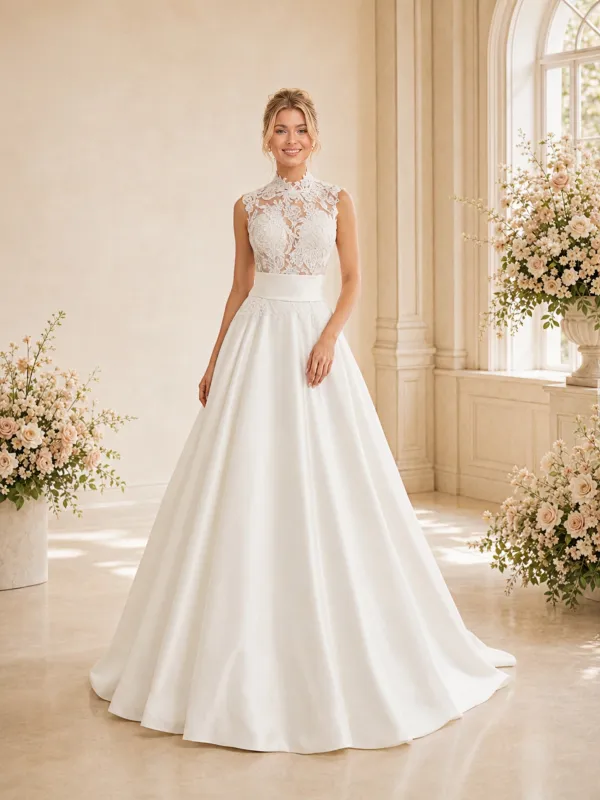 ChicSew Elegant High Neck Sleeveless Lace Satin A-Line Long Wedding Dress made by ChicSew