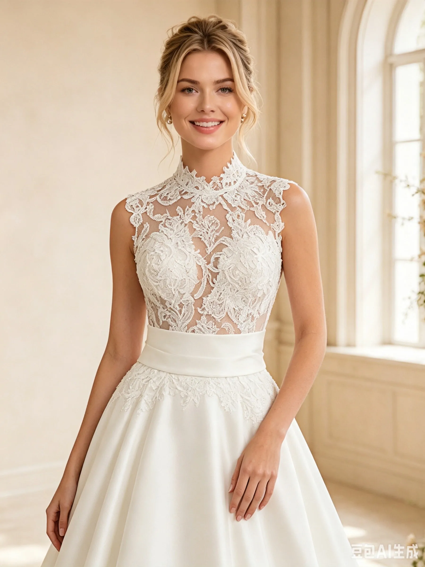 ChicSew Elegant High Neck Sleeveless Lace Satin A-Line Long Wedding Dress sold by ChicSew product image thumbnail 2