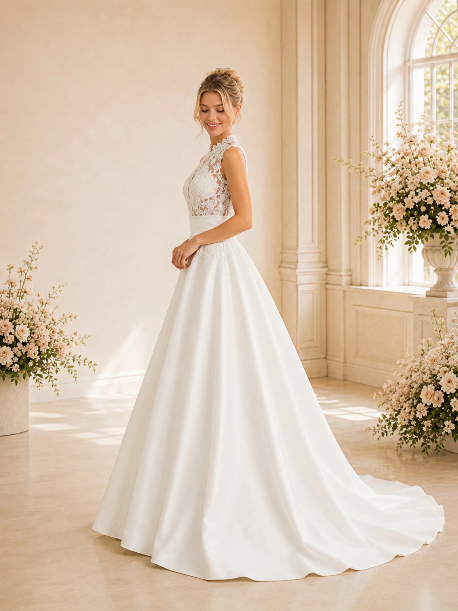 ChicSew Elegant High Neck Sleeveless Lace Satin A-Line Long Wedding Dress sold by ChicSew product image thumbnail 3