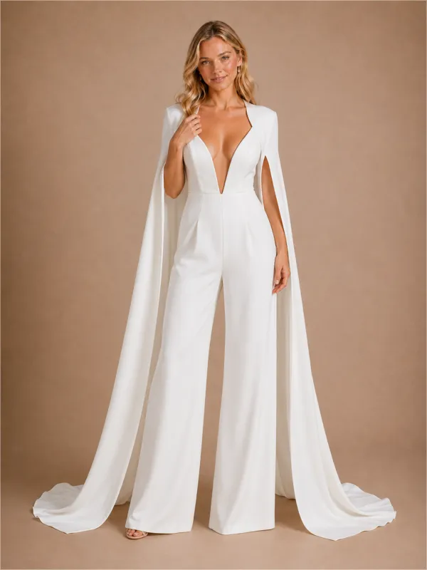 ChicSew Elegant Deep V-Neck Long Sleeves Open Back Crepe Long Wedding Jumpsuit made by ChicSew