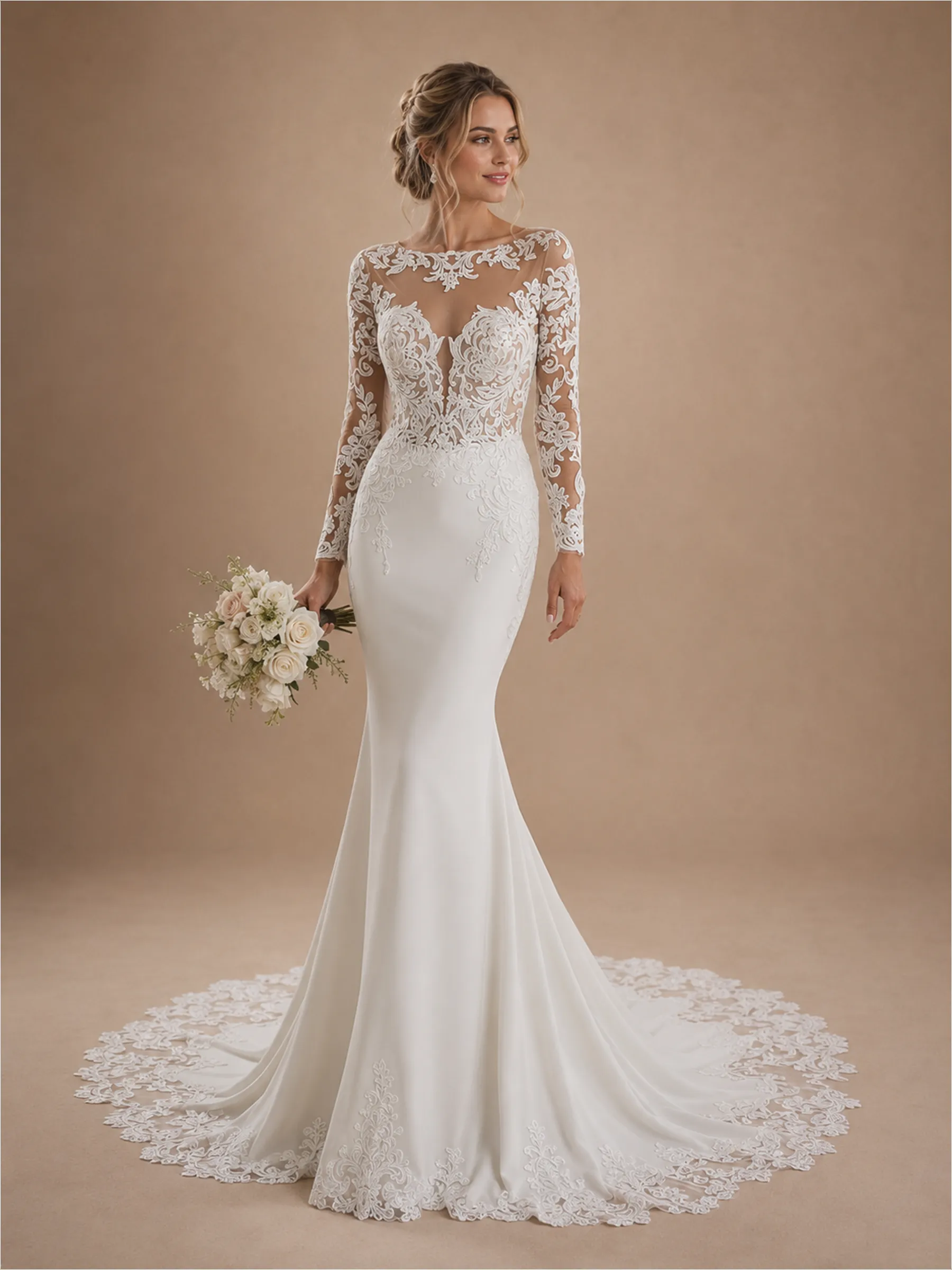 ChicSew Lace Illusion Long Sleeves Mermaid Floor-Length Wedding Dresses With Train sold by ChicSew