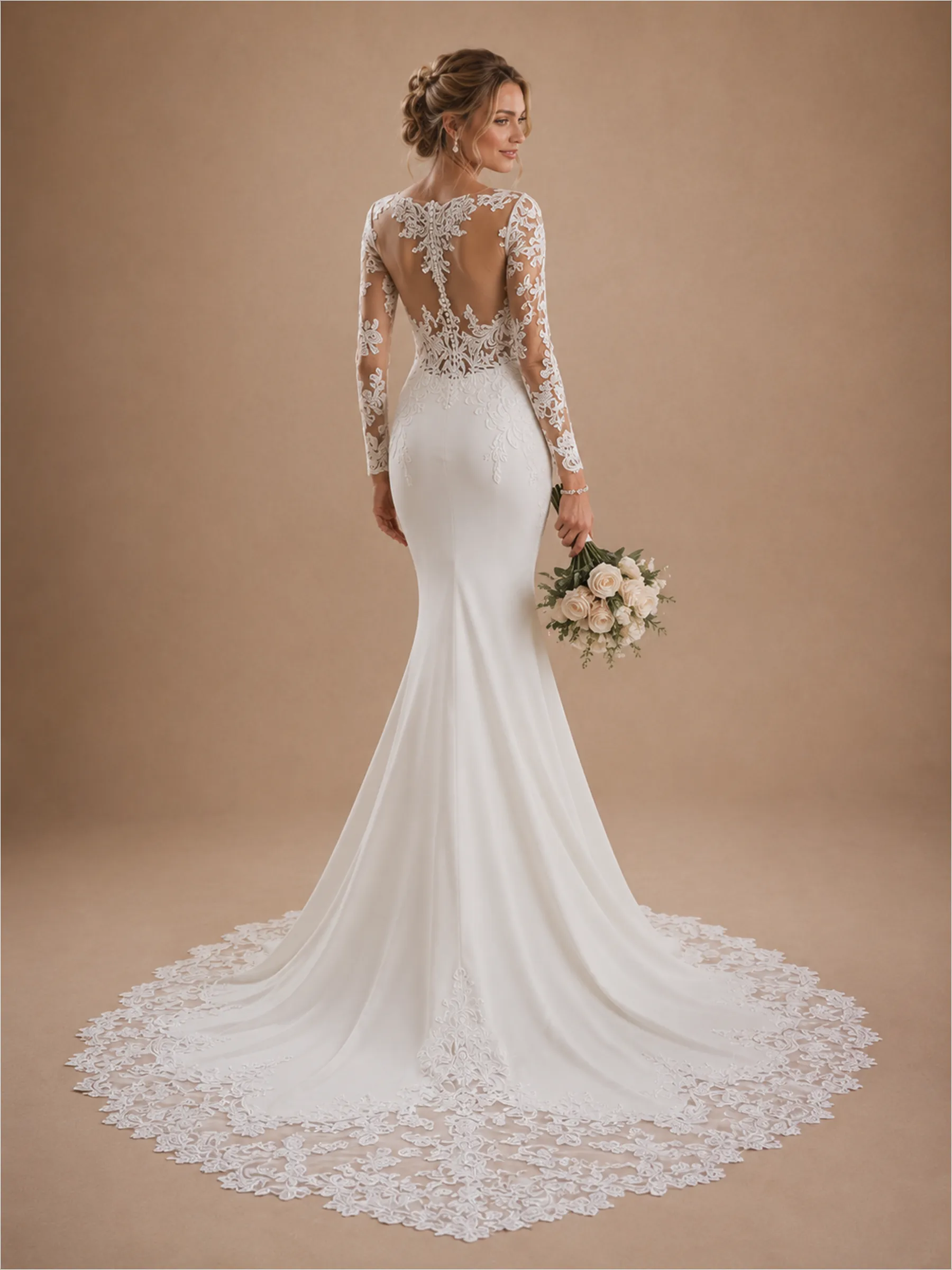 ChicSew Lace Illusion Long Sleeves Mermaid Floor-Length Wedding Dresses With Train sold by ChicSew product image thumbnail 3