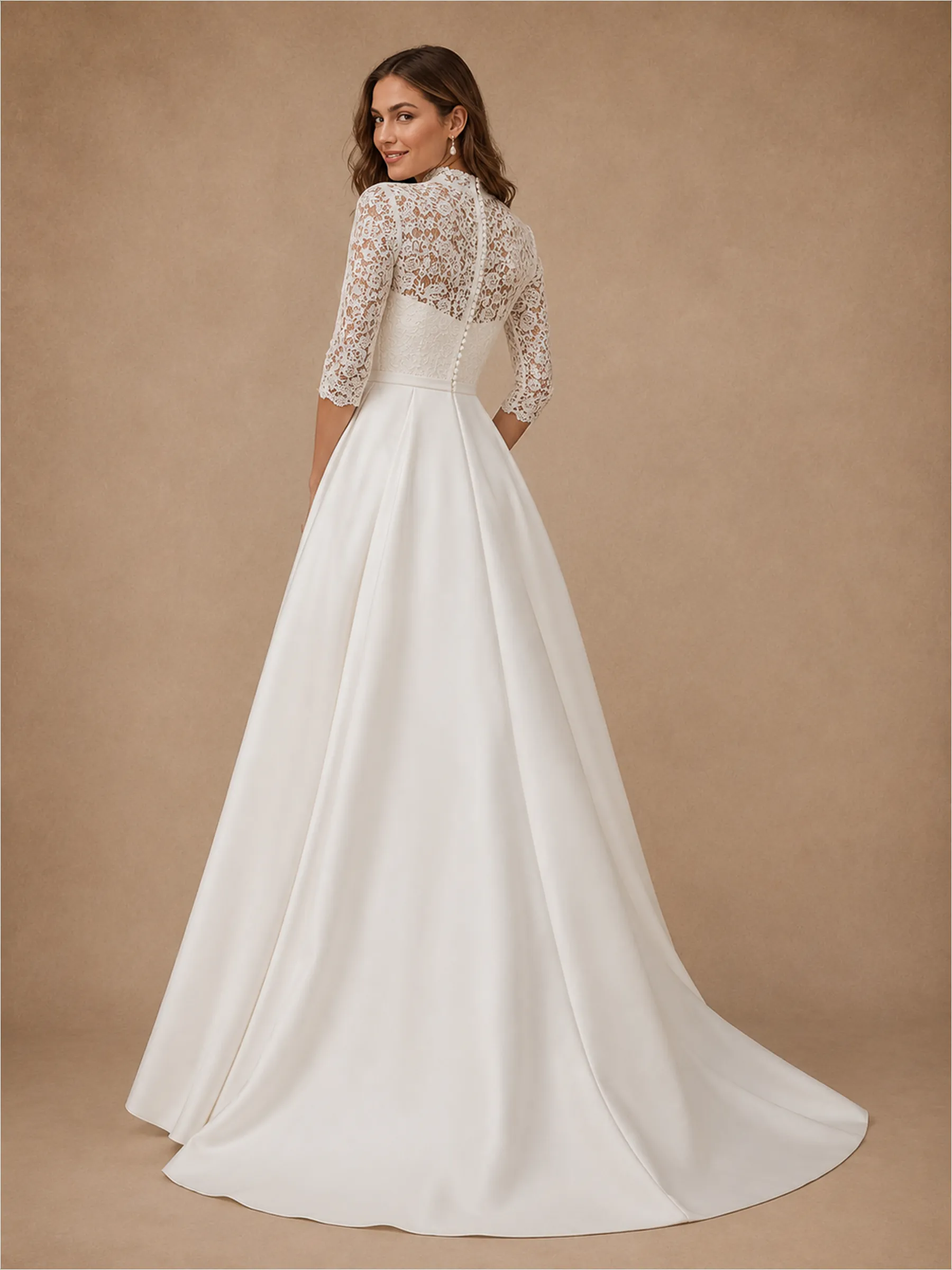 ChicSew High Neck 3/4 Sleeves Lace Strapless Satin A-Line Long Wedding Dress sold by ChicSew product image thumbnail 3