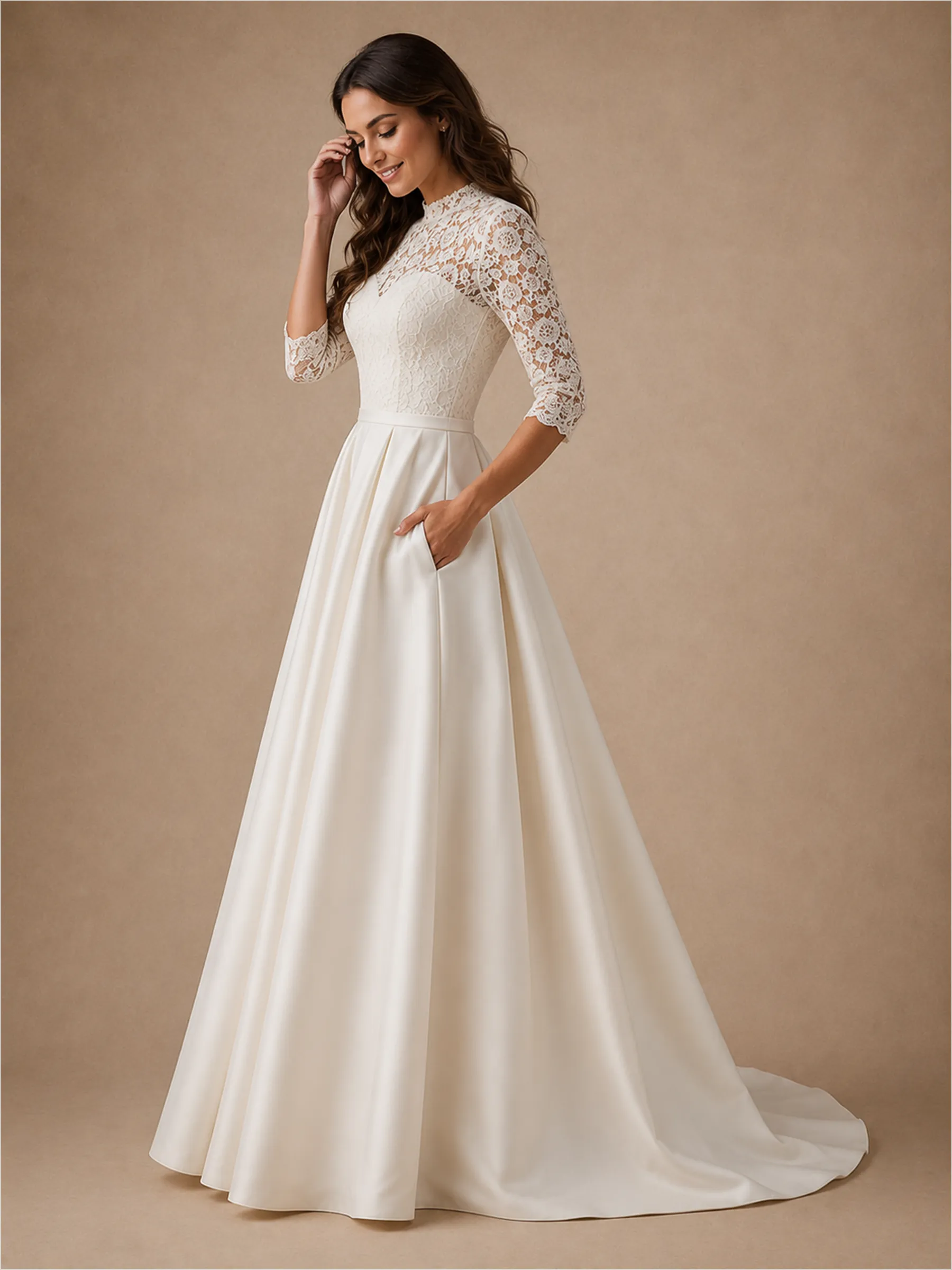 ChicSew High Neck 3/4 Sleeves Lace Strapless Satin A-Line Long Wedding Dress sold by ChicSew product image thumbnail 4