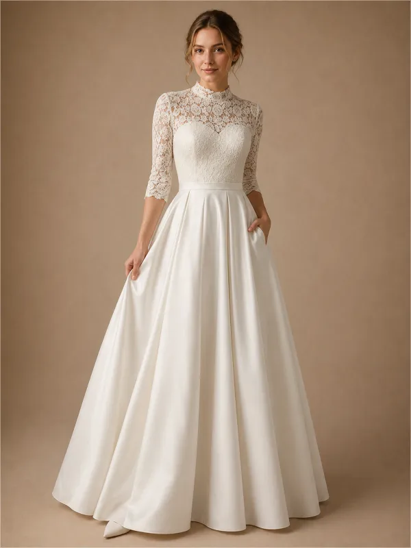 ChicSew High Neck 3/4 Sleeves Lace Strapless Satin A-Line Long Wedding Dress made by ChicSew