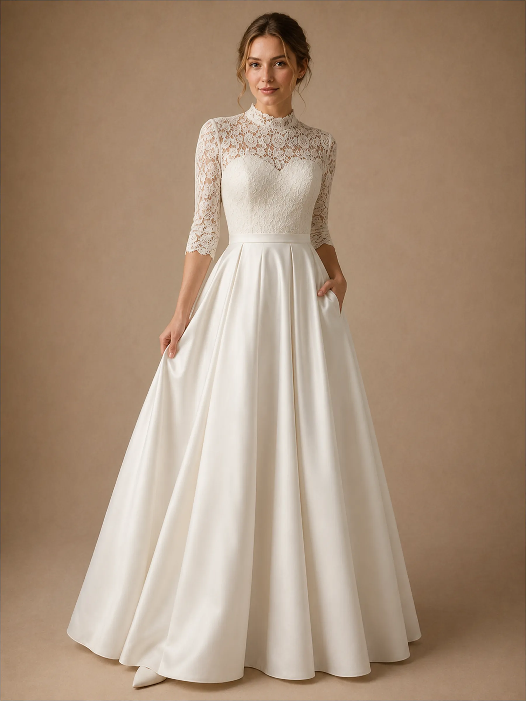 ChicSew High Neck 3/4 Sleeves Lace Strapless Satin A-Line Long Wedding Dress sold by ChicSew
