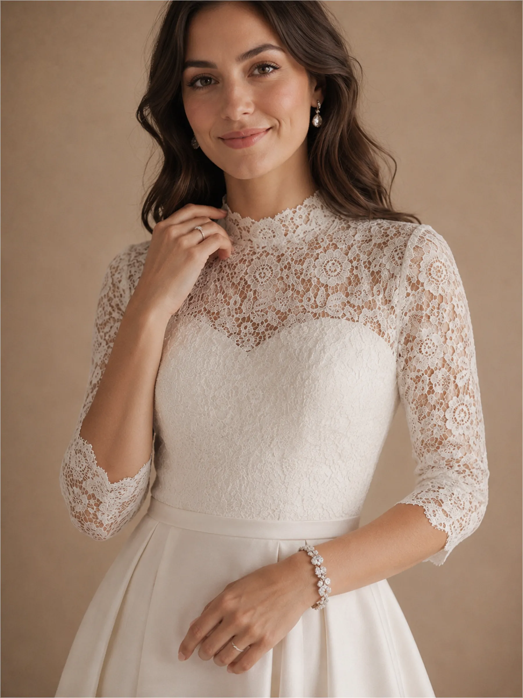 ChicSew High Neck 3/4 Sleeves Lace Strapless Satin A-Line Long Wedding Dress sold by ChicSew product image thumbnail 2