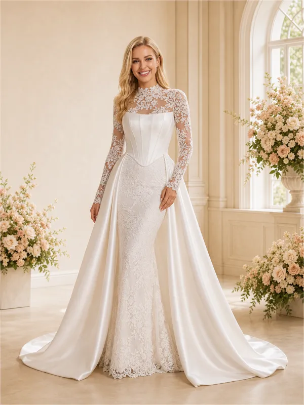 ChicSew Classic High Neck Satin Mermaid Long Sleeves Lace Applique Maxi Wedding Dresses With Overskirt made by ChicSew