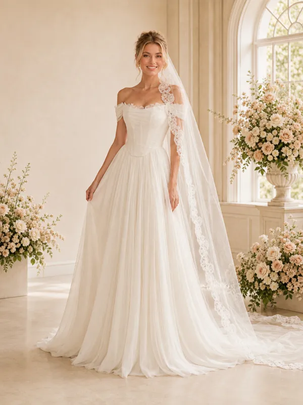 ChicSew Simple Off The Shoulder Boning Tulle A-Line Floor-Length Wedding Dresses made by ChicSew