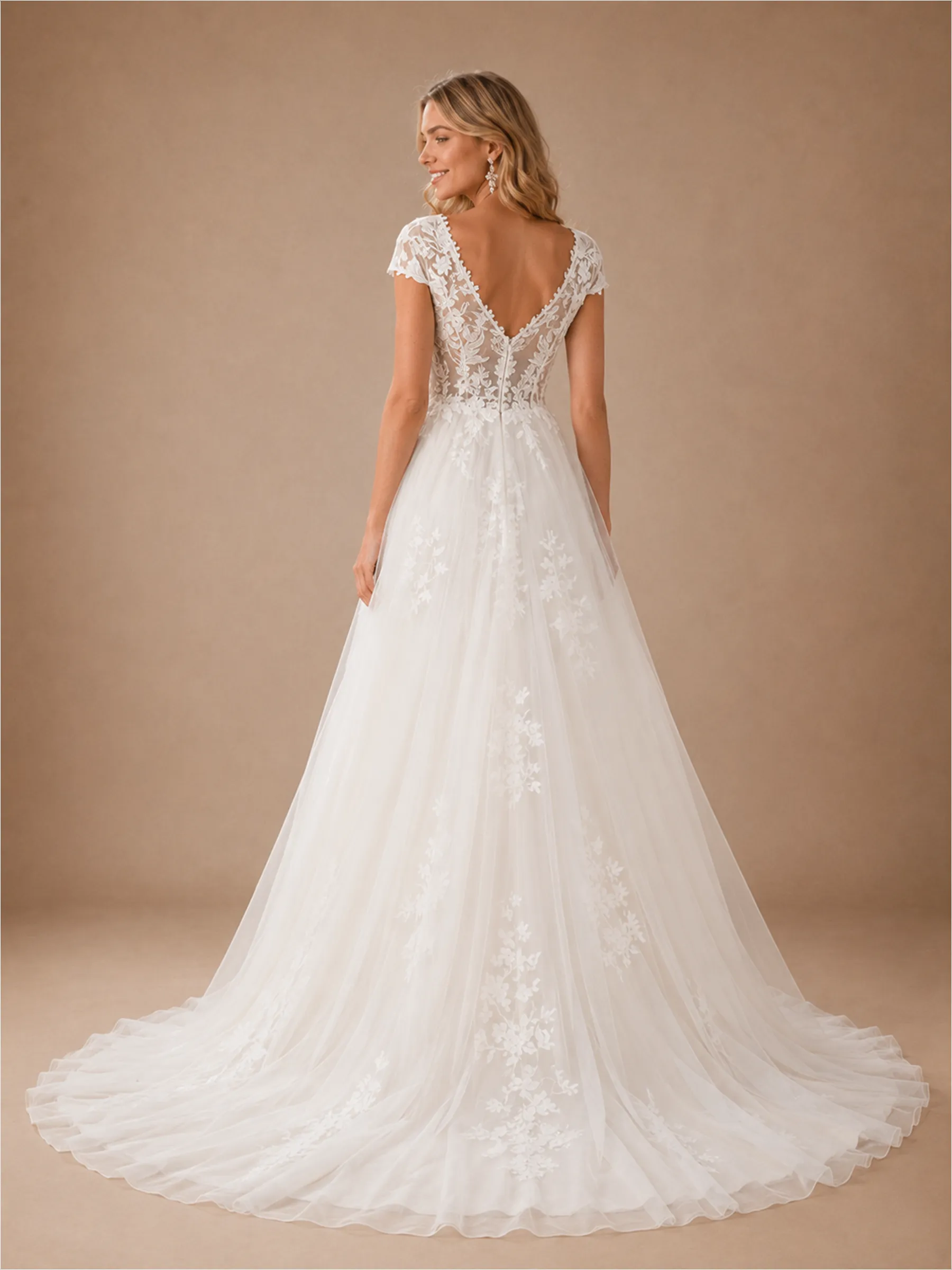 ChicSew Elegant A-Line Lace Tulle V-Neck Cap Sleeves Maxi Wedding Dresses sold by ChicSew product image thumbnail 3