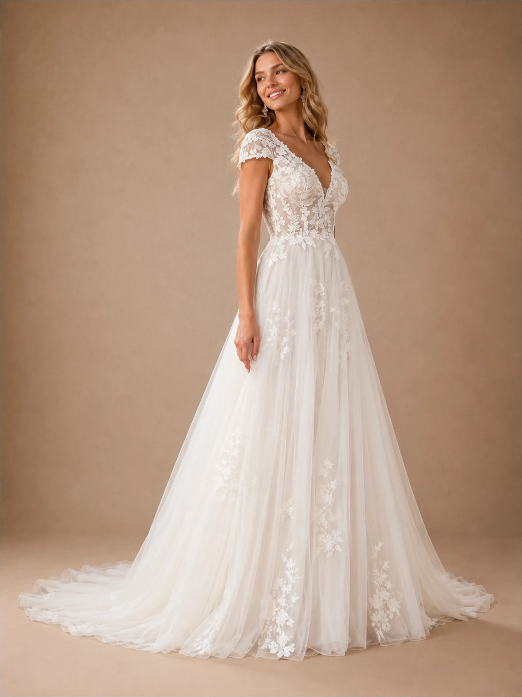 ChicSew Elegant A-Line Lace Tulle V-Neck Cap Sleeves Maxi Wedding Dresses sold by ChicSew product image thumbnail 4