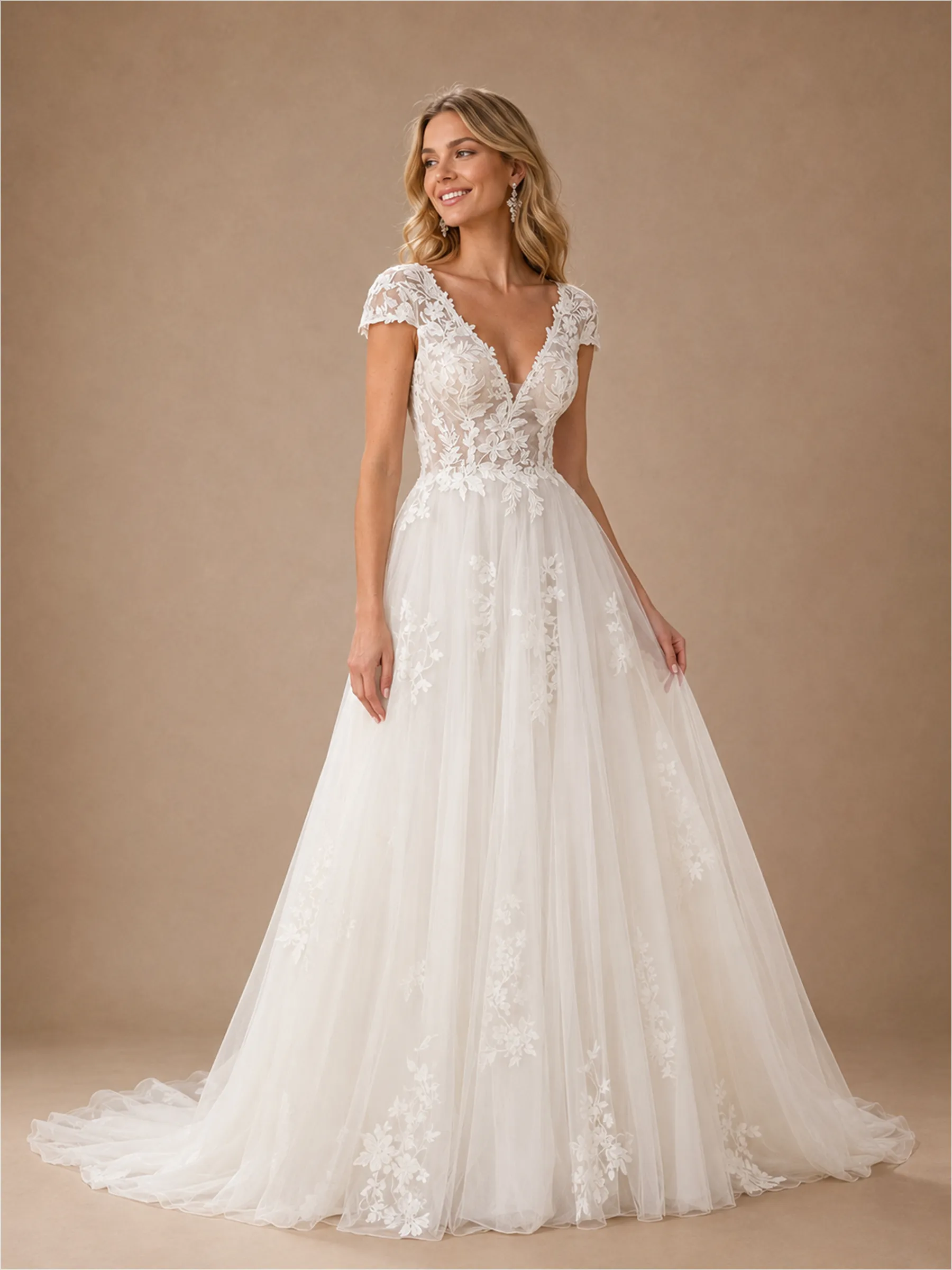 ChicSew Elegant A-Line Lace Tulle V-Neck Cap Sleeves Maxi Wedding Dresses sold by ChicSew