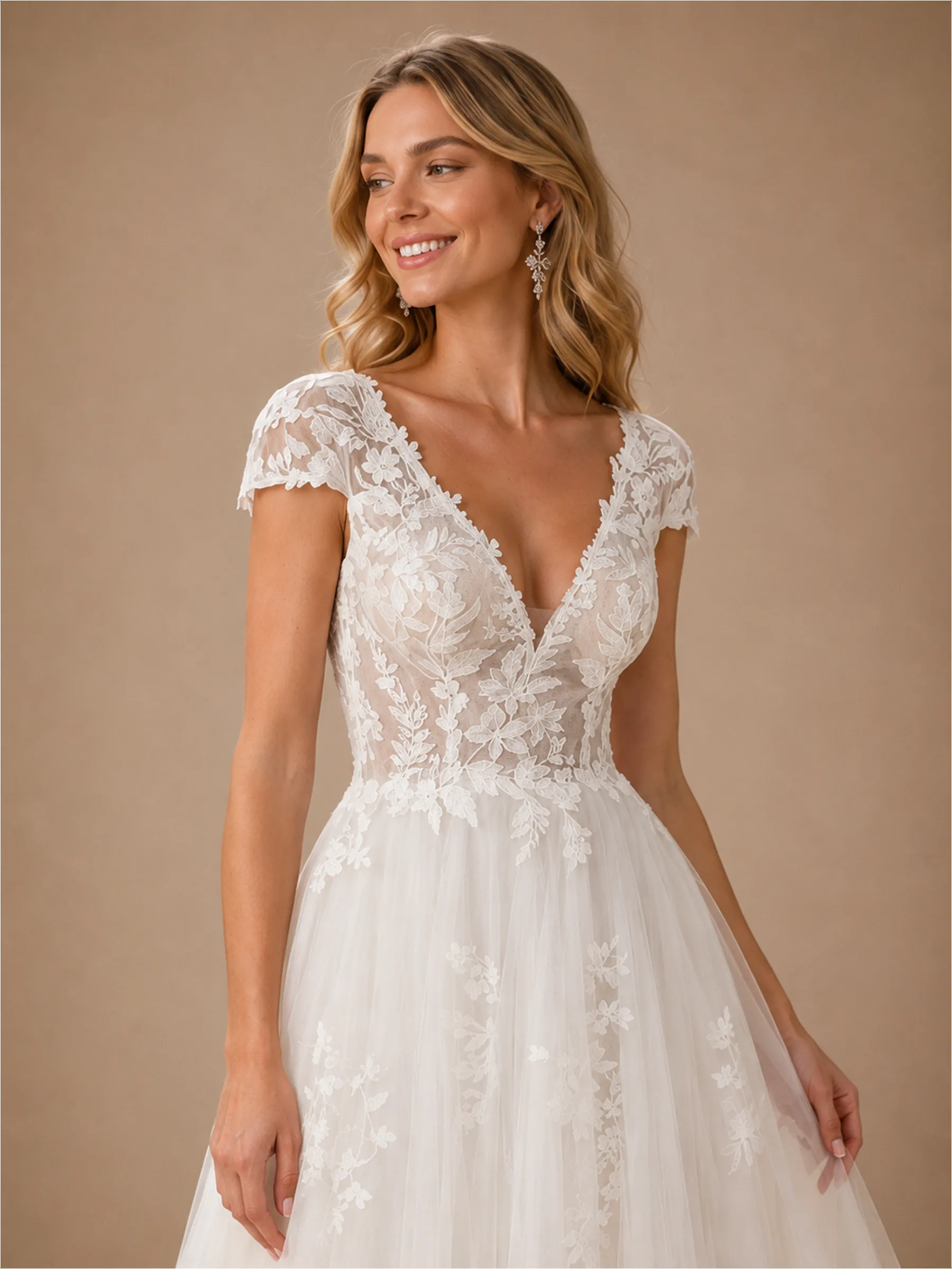 ChicSew Elegant A-Line Lace Tulle V-Neck Cap Sleeves Maxi Wedding Dresses sold by ChicSew product image thumbnail 2