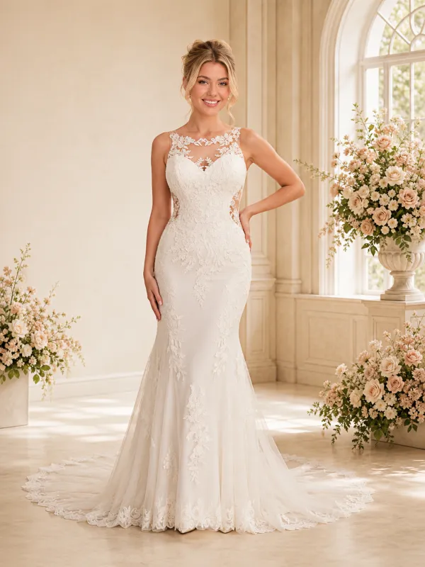 ChicSew Romantic Sleeveless Lace Mermaid Floor-Length Wedding Dresses With Train made by ChicSew