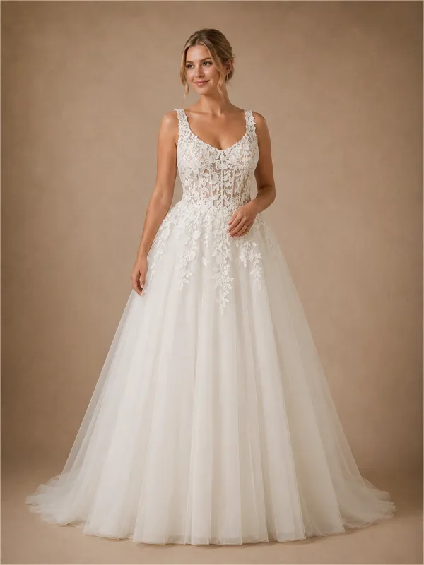 ChicSew Elegant V-Neck Spaghetti Straps Sleeveless Lace Tulle A-Line Long Wedding Dresses made by ChicSew