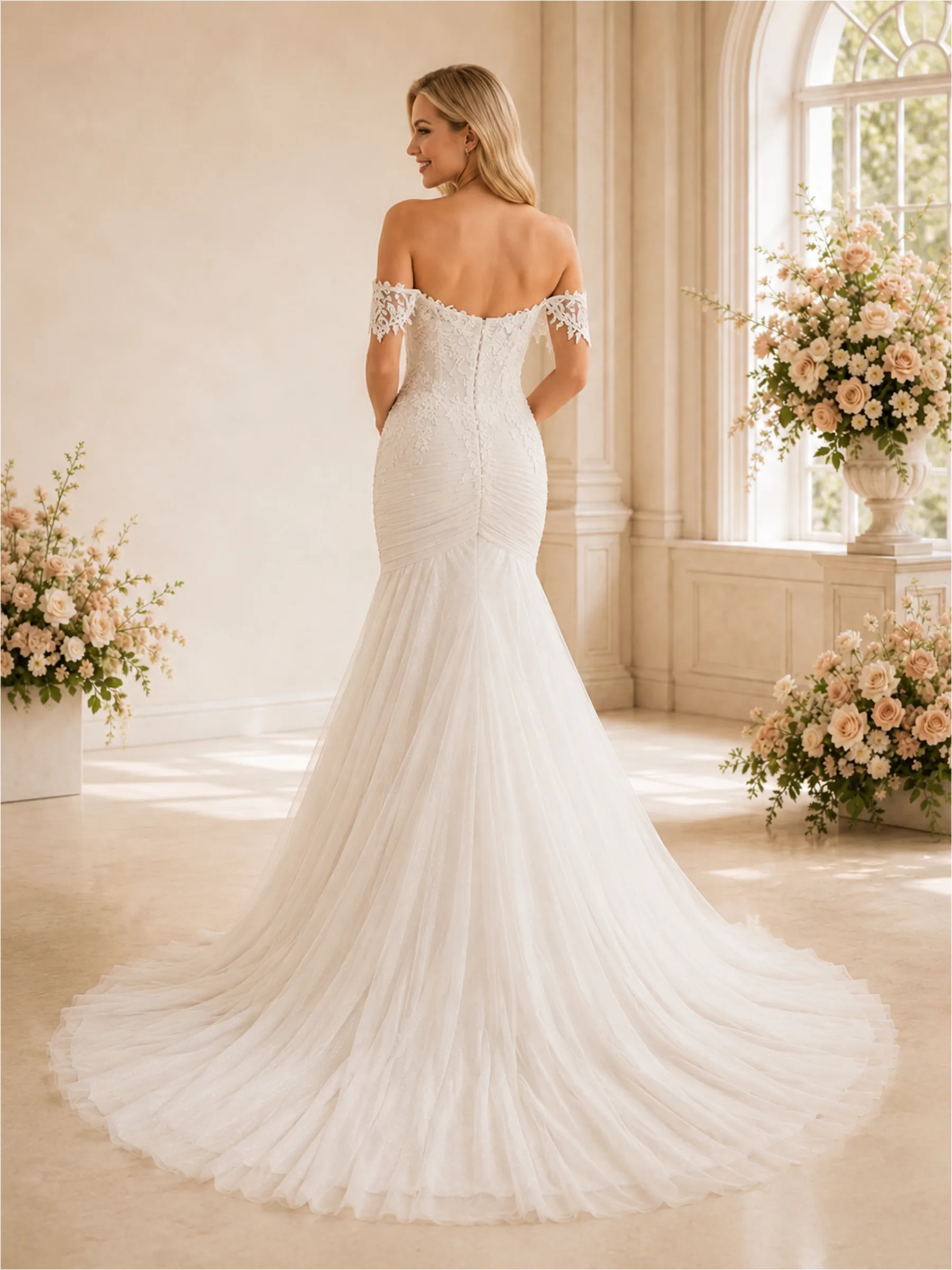 ChicSew Delicate Off The Shoulder Mermaid Lace Tulle Maxi Wedding Dresses With Pleats sold by ChicSew product image thumbnail 4