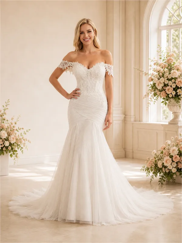 ChicSew Delicate Off The Shoulder Mermaid Lace Tulle Maxi Wedding Dresses With Pleats made by ChicSew