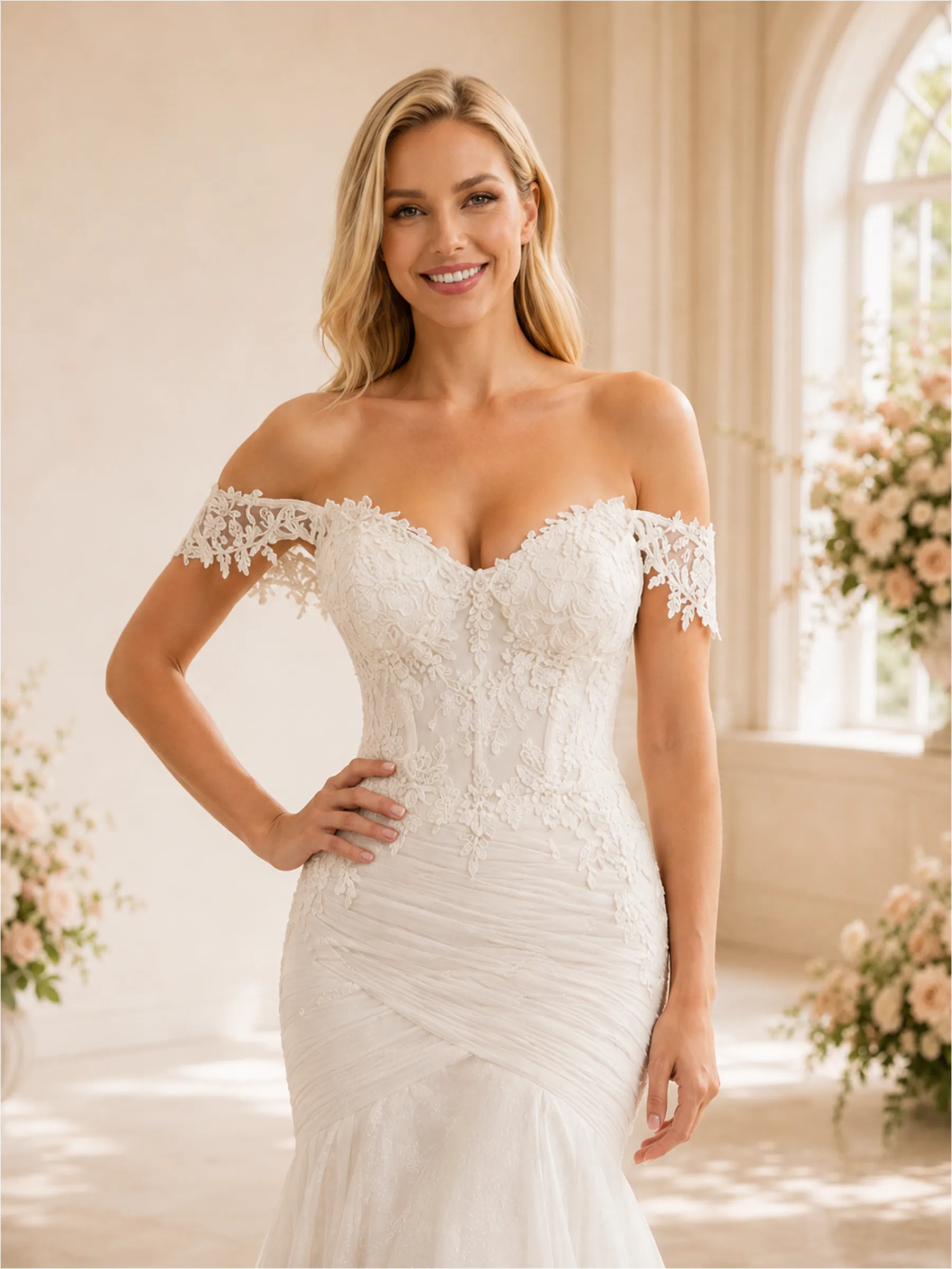 ChicSew Delicate Off The Shoulder Mermaid Lace Tulle Maxi Wedding Dresses With Pleats sold by ChicSew product image thumbnail 2