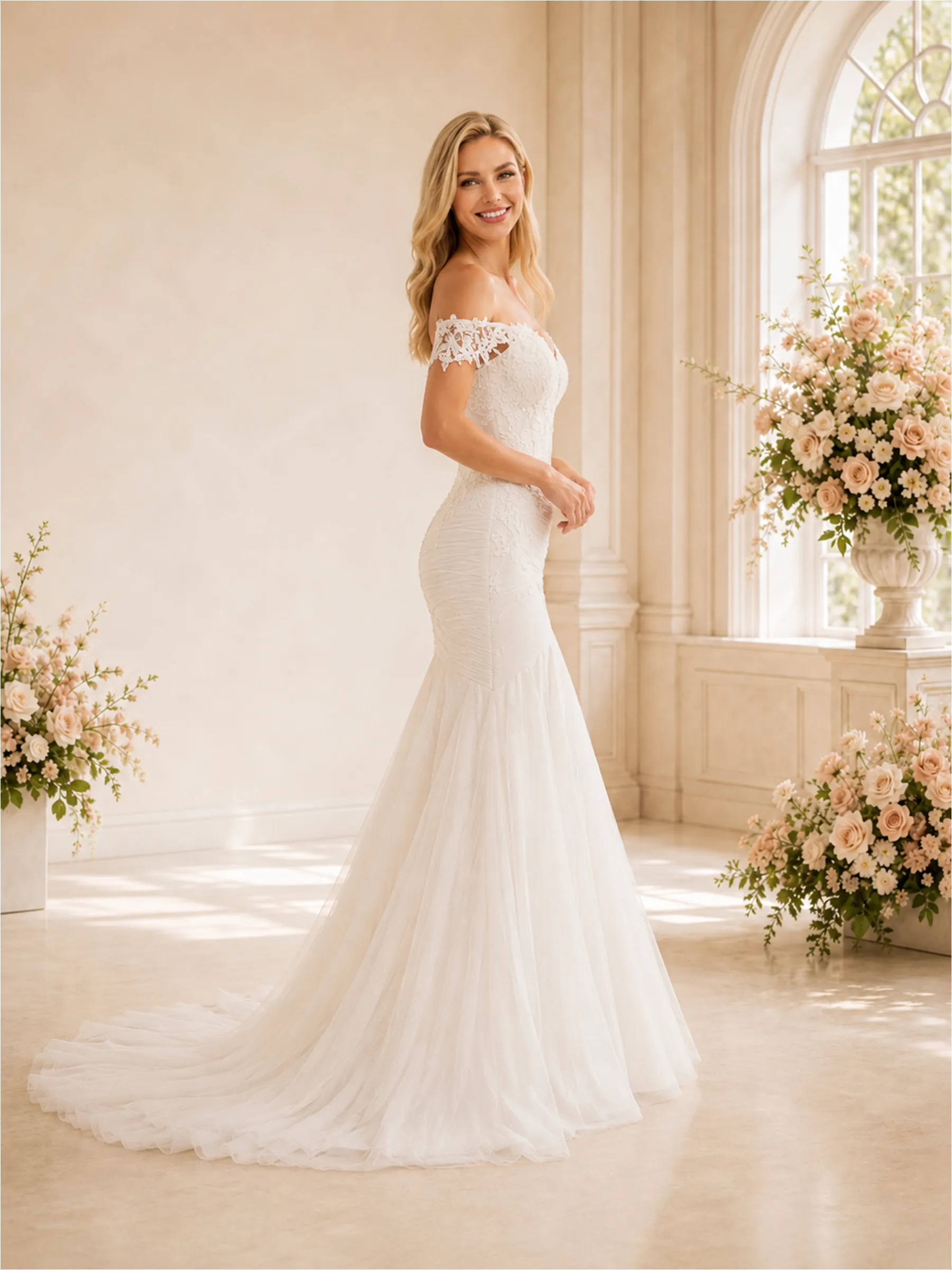 ChicSew Delicate Off The Shoulder Mermaid Lace Tulle Maxi Wedding Dresses With Pleats sold by ChicSew product image thumbnail 3