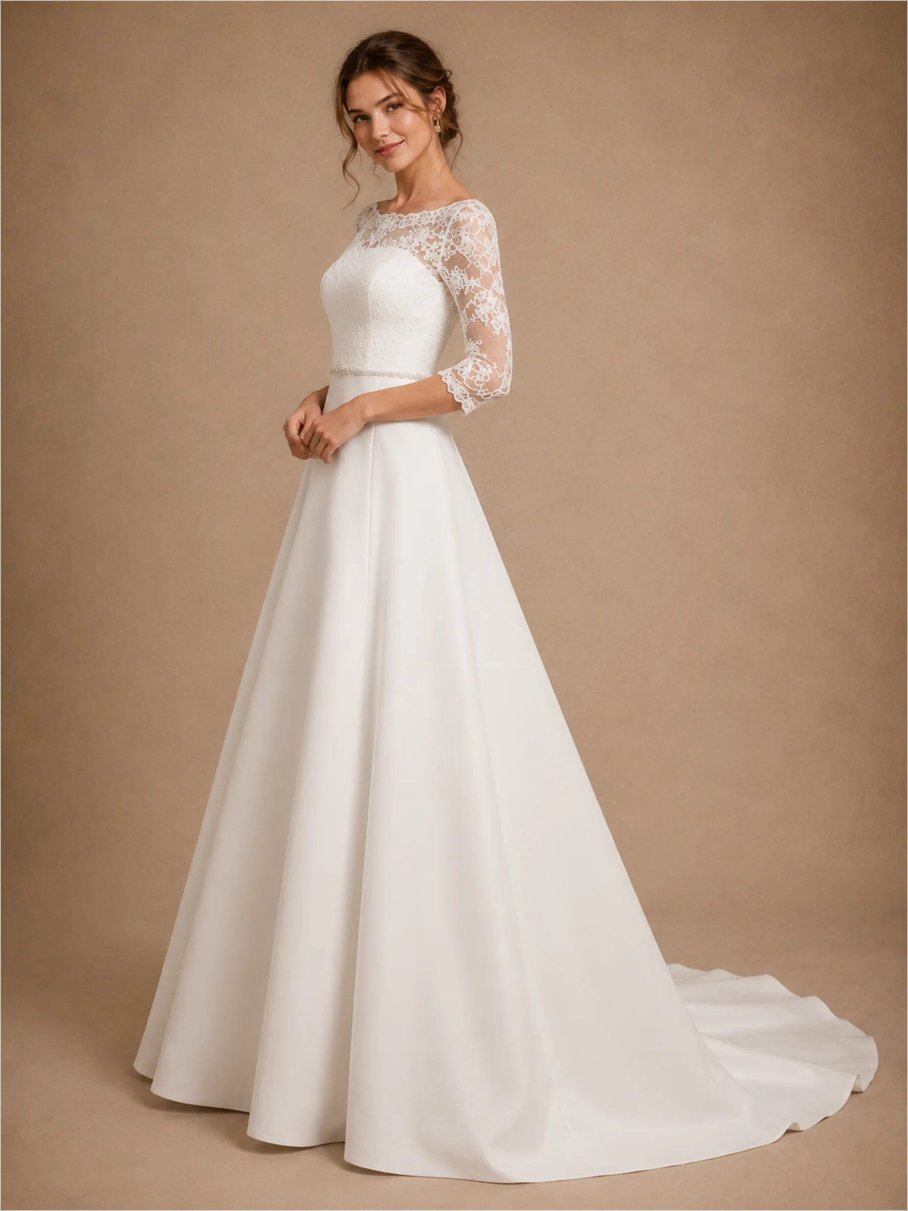 ChicSew Elegant Bateau 3/4 Sleeves Lace Satin A-Line Floor-Length Wedding Dresses With Train sold by ChicSew product image thumbnail 4