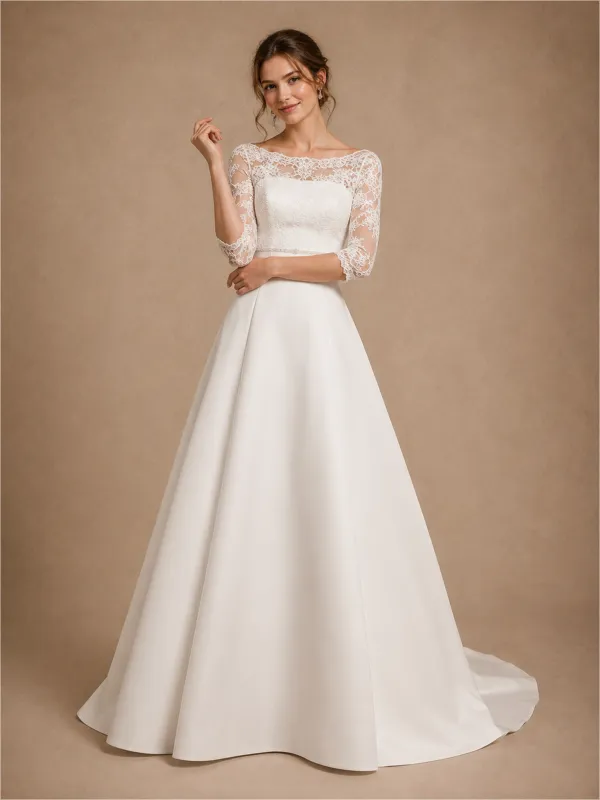 ChicSew Elegant Bateau 3/4 Sleeves Lace Satin A-Line Floor-Length Wedding Dresses With Train made by ChicSew