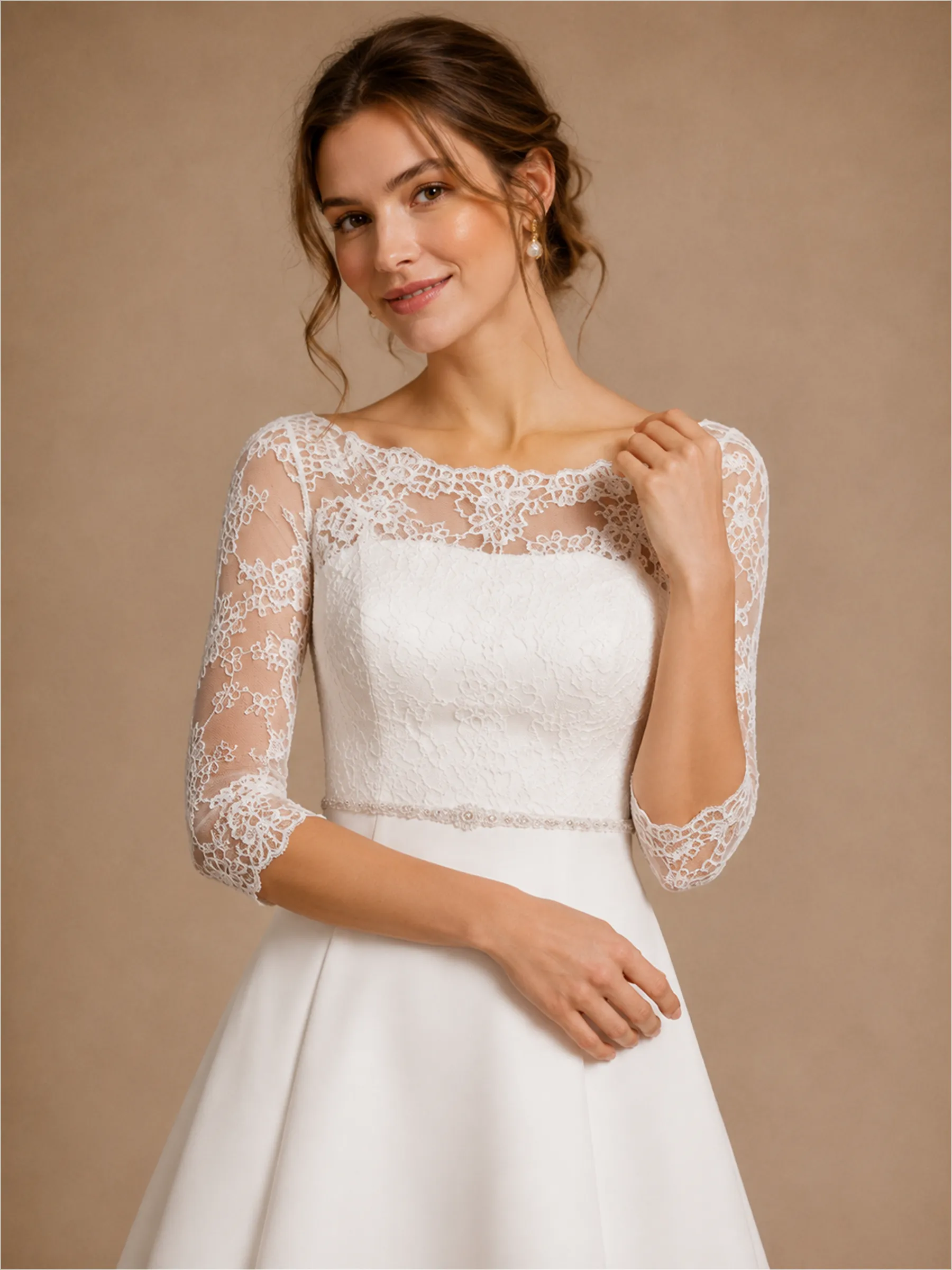 ChicSew Elegant Bateau 3/4 Sleeves Lace Satin A-Line Floor-Length Wedding Dresses With Train sold by ChicSew product image thumbnail 2