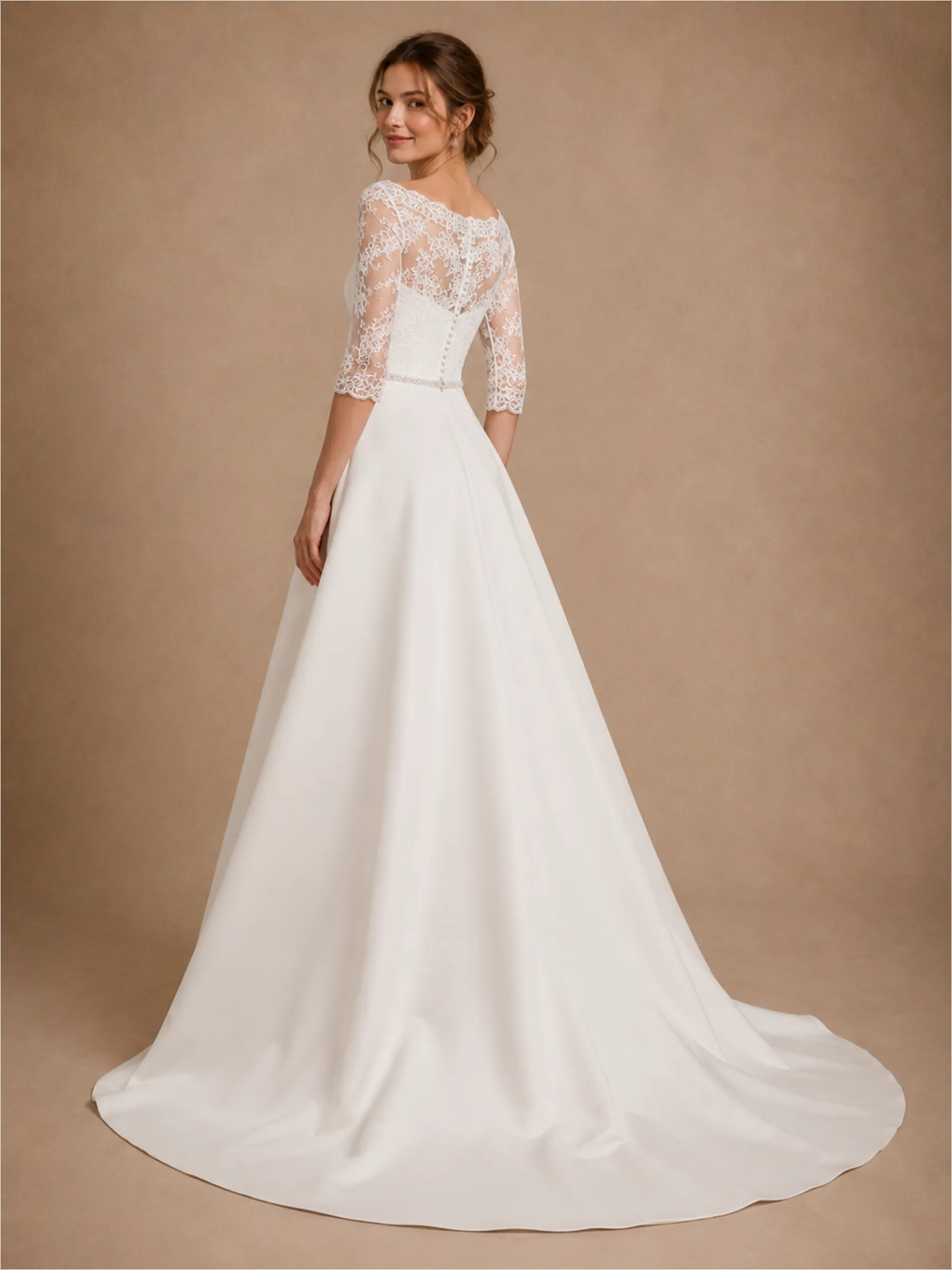 ChicSew Elegant Bateau 3/4 Sleeves Lace Satin A-Line Floor-Length Wedding Dresses With Train sold by ChicSew product image thumbnail 3