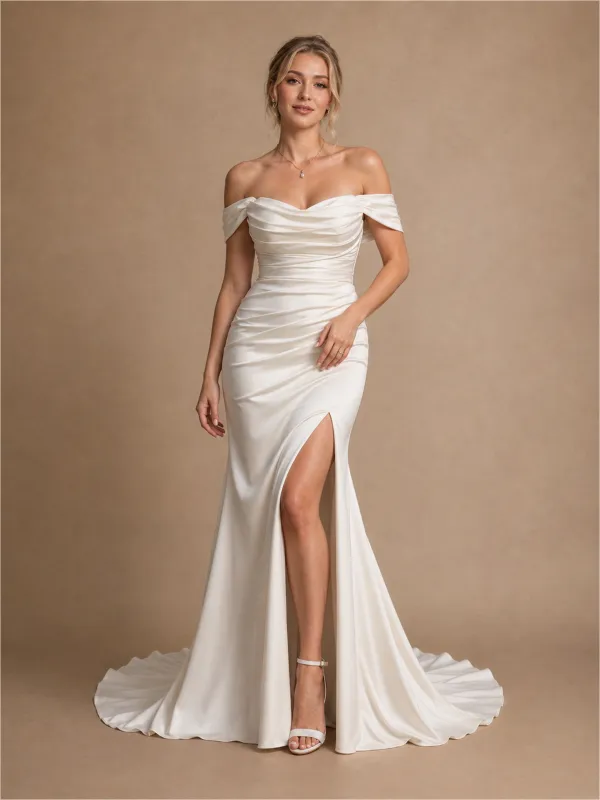 ChicSew Sexy Off The Shoulder Mermaid Side Slit Ruched Satin Long Wedding Dresses made by ChicSew