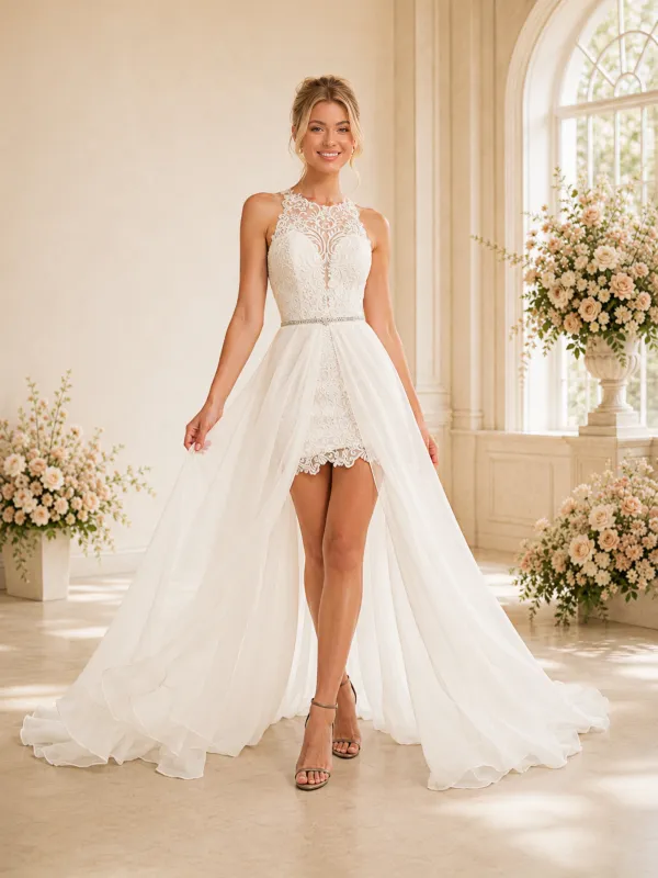 ChicSew Unique Lace Open Back Sheath Mini Wedding Dresses With Tulle Overskirt made by ChicSew