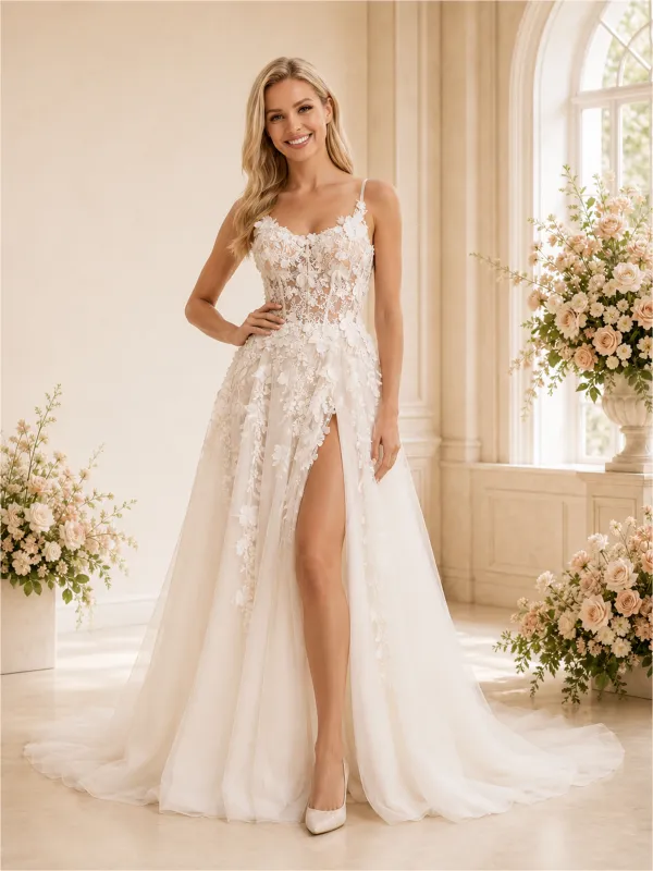 ChicSew Unique Spaghetti Straps A-Line Boning Lace Tulle Side Slit Long Wedding Dresses made by ChicSew