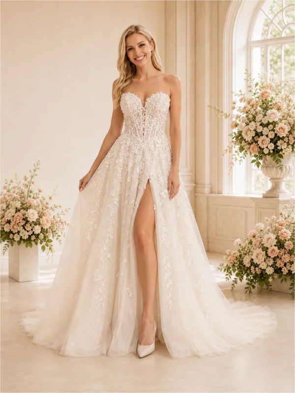 ChicSew Unique Sweetheart A-Line Sleeveless Lace Tulle Side Slit Long Wedding Dresses made by ChicSew