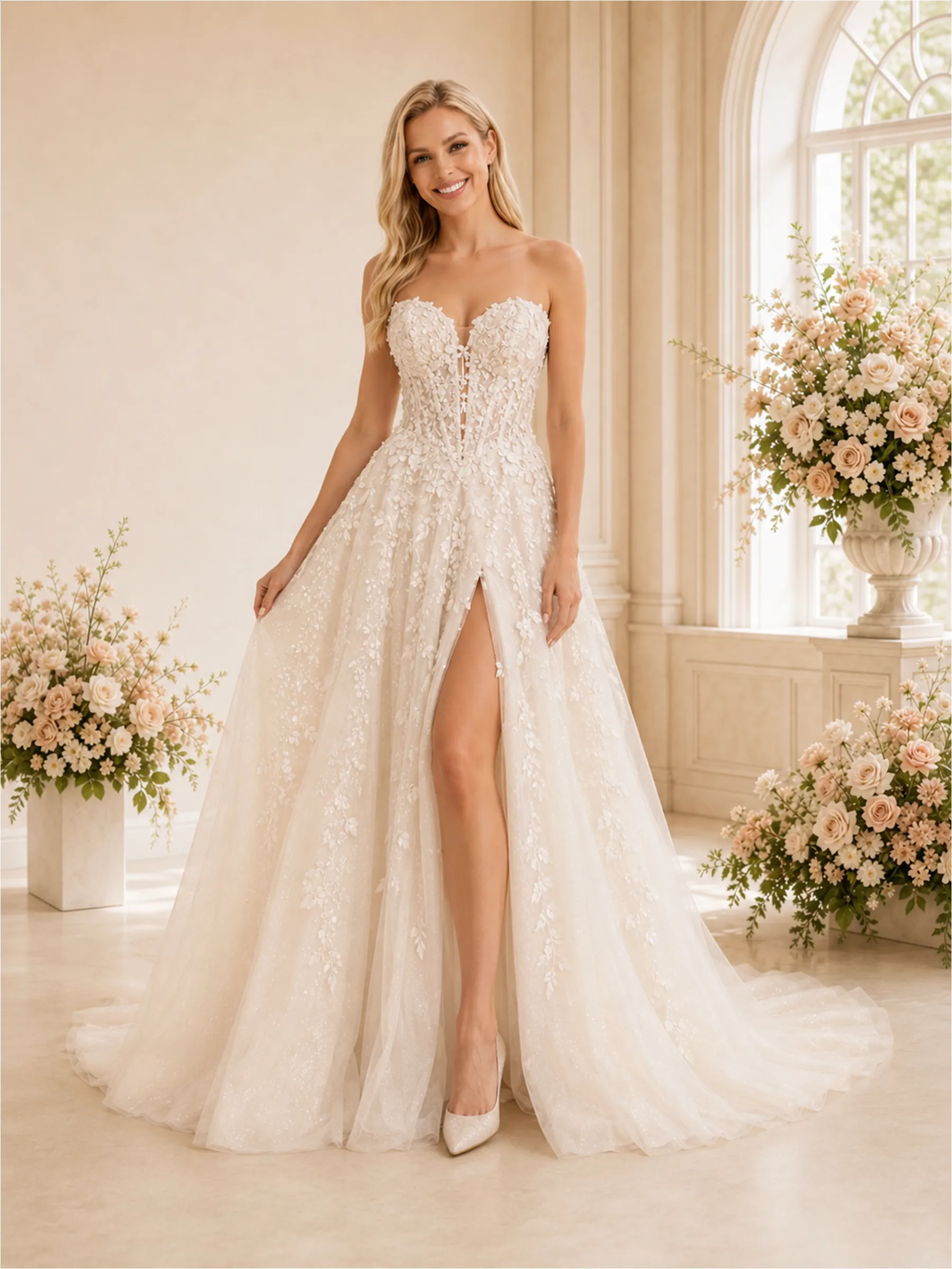 ChicSew Unique Sweetheart A-Line Sleeveless Lace Tulle Side Slit Long Wedding Dresses sold by ChicSew