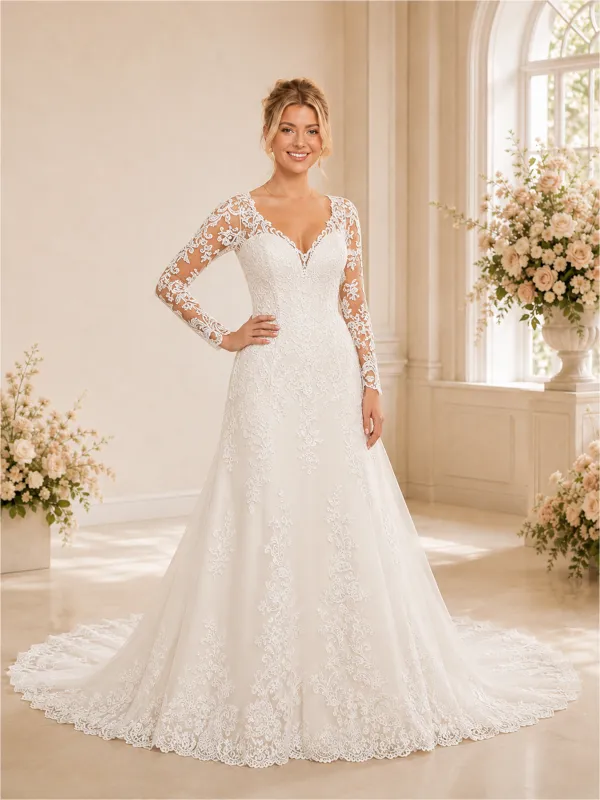 ChicSew Unique V-Neck A-Line Long Sleeves Lace Tulle Maxi Long Wedding Dresses made by ChicSew