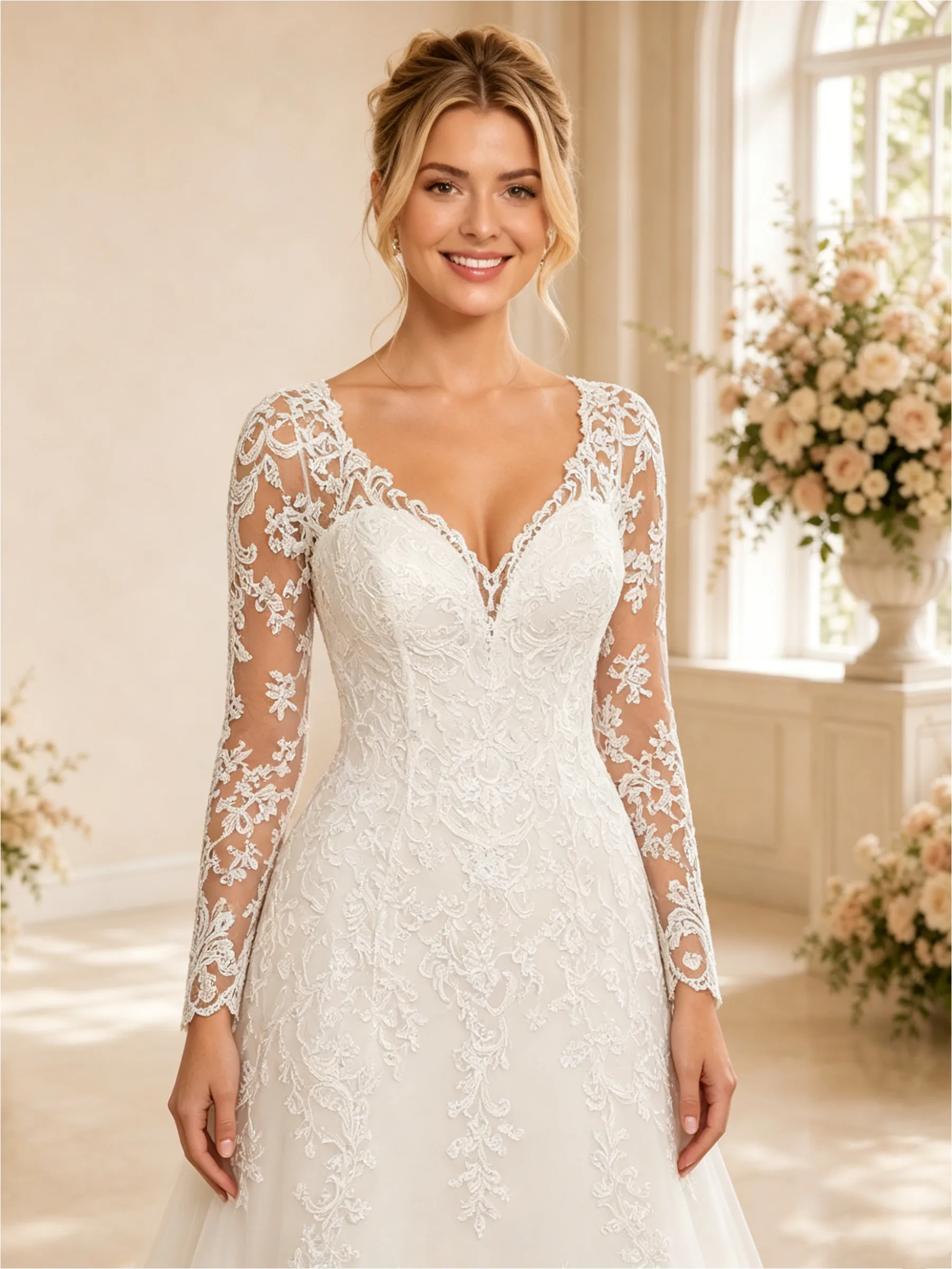 ChicSew Unique V-Neck A-Line Long Sleeves Lace Tulle Maxi Long Wedding Dresses sold by ChicSew product image thumbnail 2
