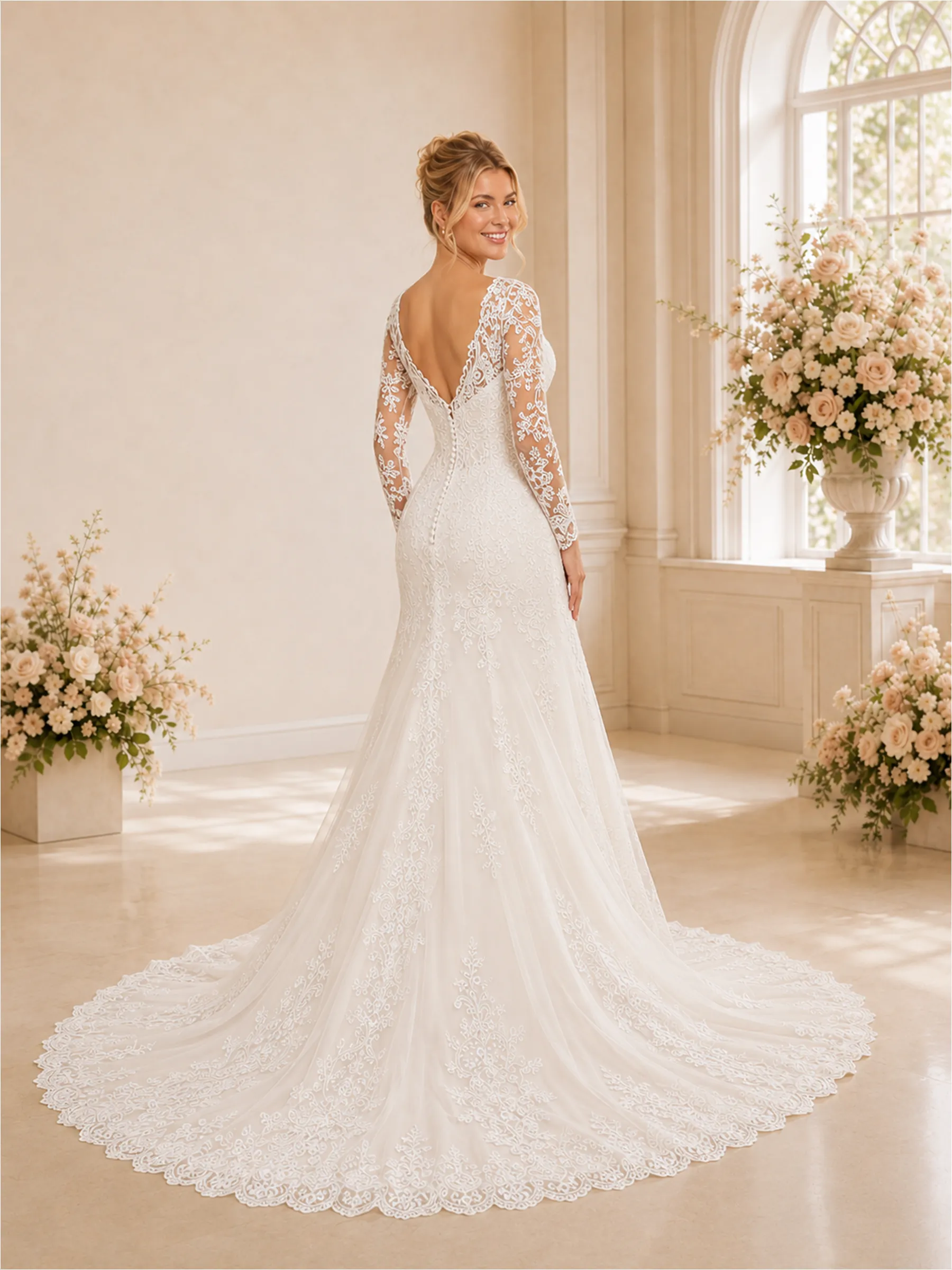 ChicSew Unique V-Neck A-Line Long Sleeves Lace Tulle Maxi Long Wedding Dresses sold by ChicSew product image thumbnail 3