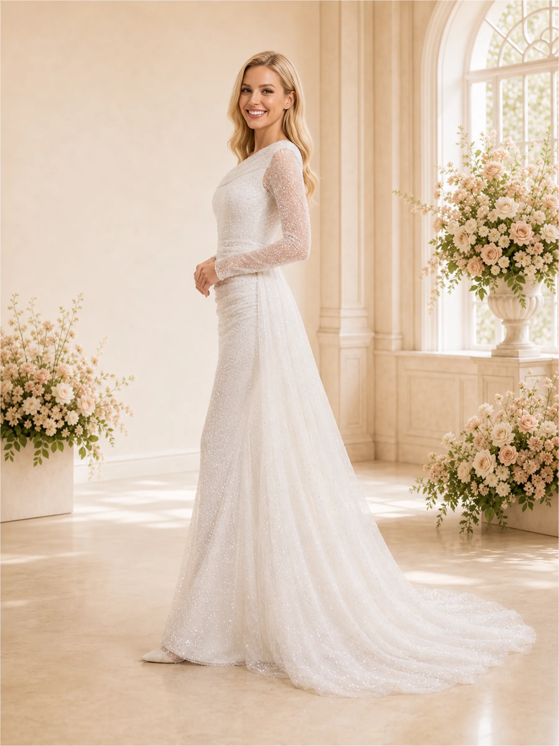ChicSew Unique Mermaid Asymmetrical Neckline Glitter Tulle Long Sleeves Maxi Wedding Dresses With Overskirt sold by ChicSew product image thumbnail 3