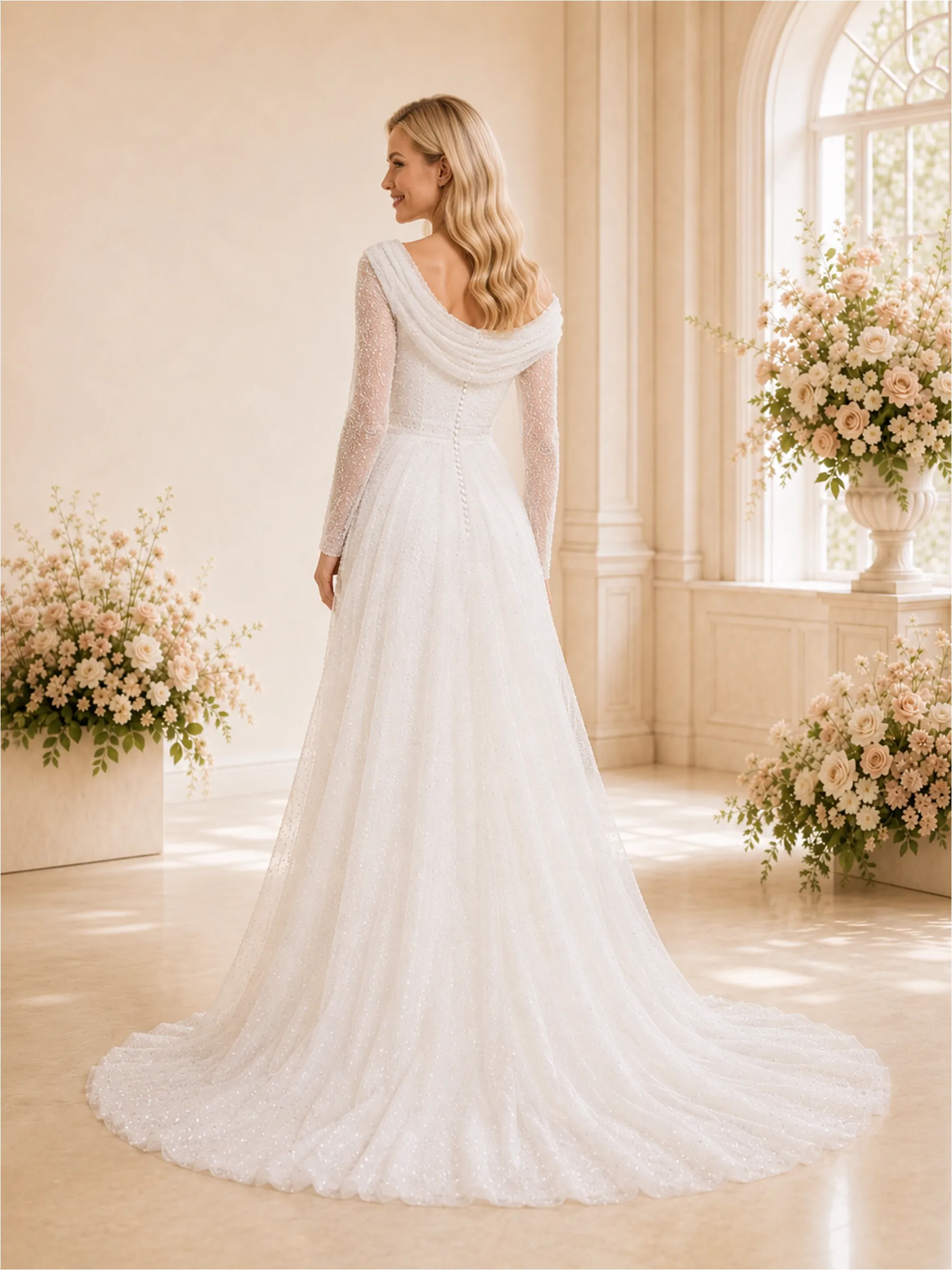 ChicSew Unique Mermaid Asymmetrical Neckline Glitter Tulle Long Sleeves Maxi Wedding Dresses With Overskirt sold by ChicSew product image thumbnail 4