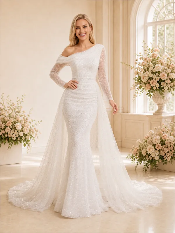 ChicSew Unique Mermaid Asymmetrical Neckline Glitter Tulle Long Sleeves Maxi Wedding Dresses With Overskirt made by ChicSew