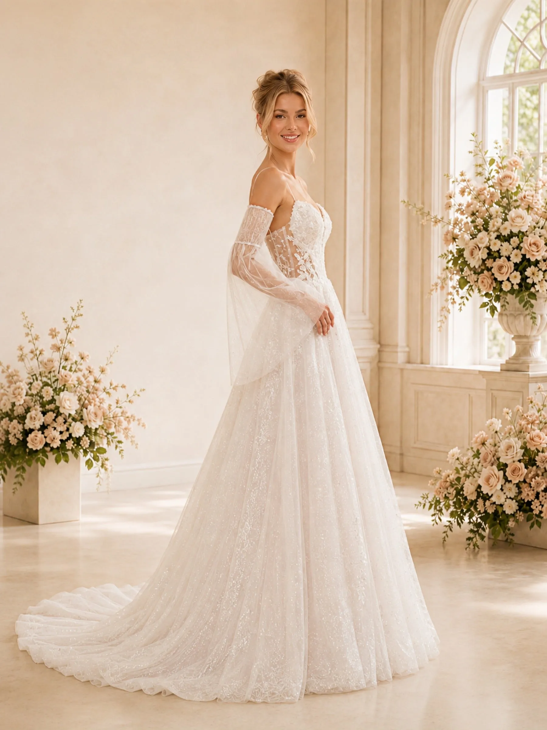 ChicSew Elegant Spaghetti Straps Long Sleeve Glitter Tulle Lace A-Line Long Wedding Dress sold by ChicSew product image thumbnail 3