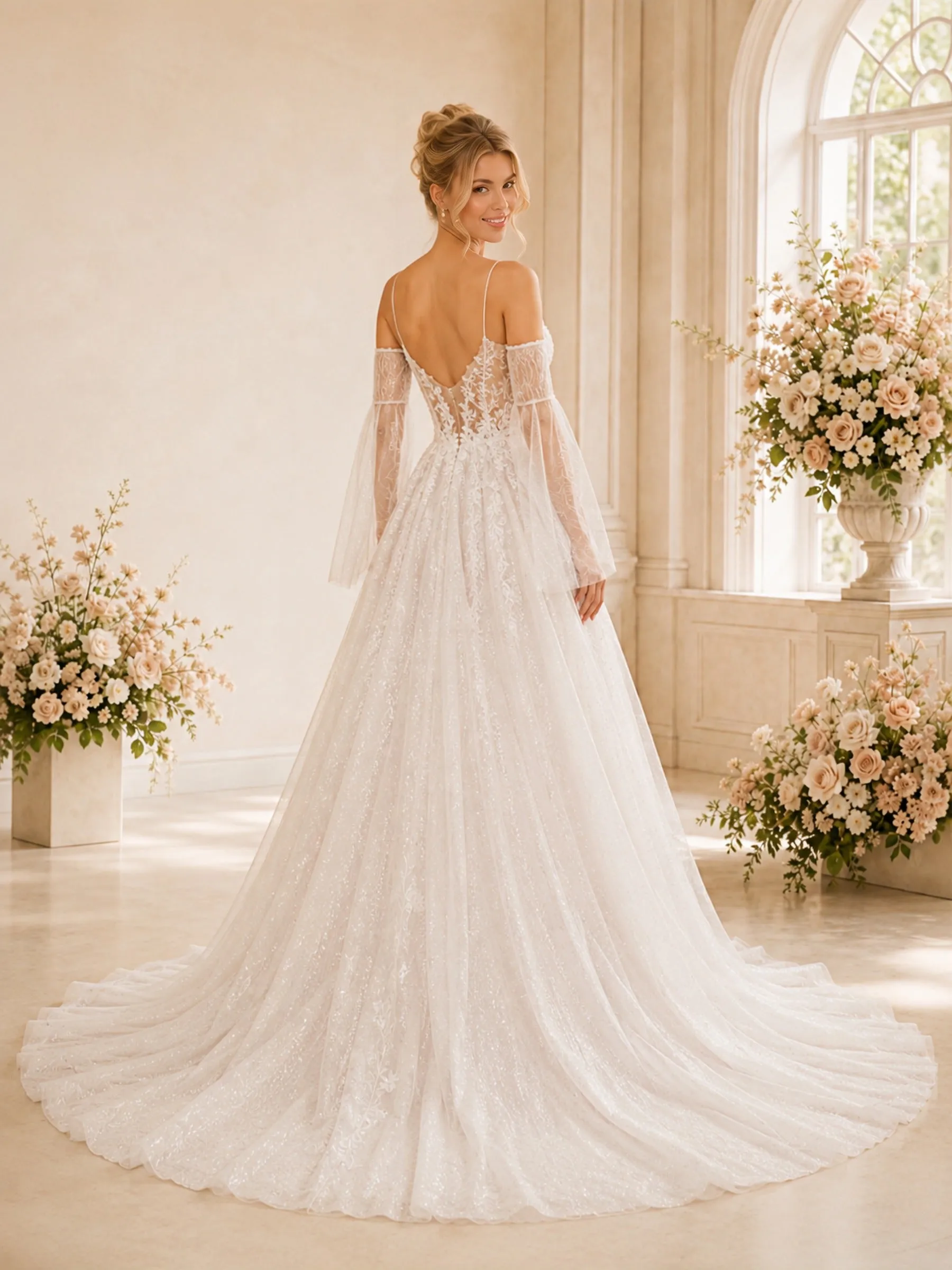 ChicSew Elegant Spaghetti Straps Long Sleeve Glitter Tulle Lace A-Line Long Wedding Dress sold by ChicSew product image thumbnail 4