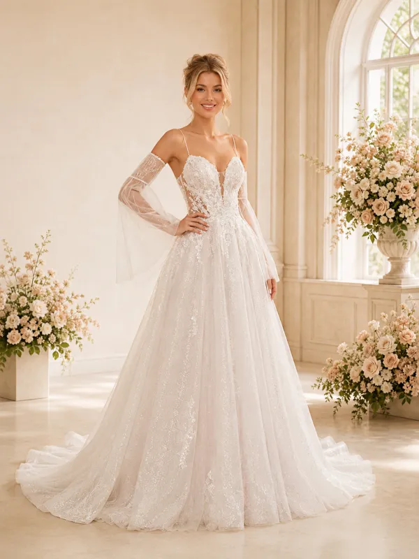 ChicSew Elegant Spaghetti Straps Long Sleeve Glitter Tulle  Lace A-Line Long Wedding Dress made by ChicSew