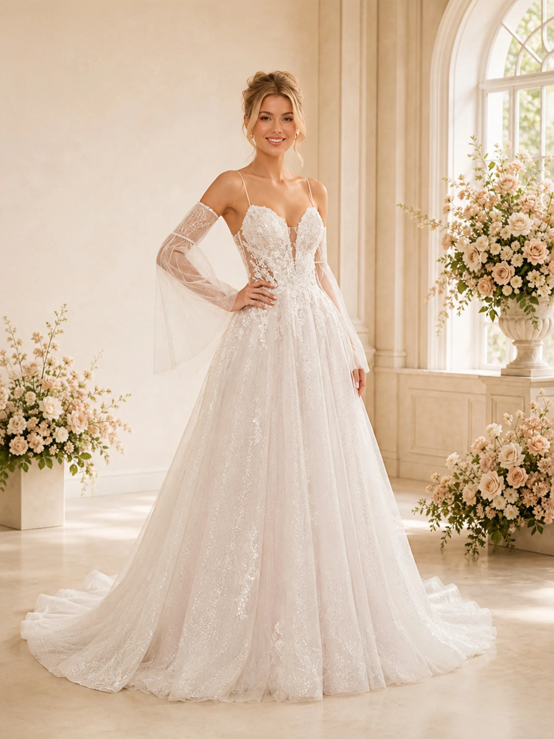 ChicSew Elegant Spaghetti Straps Long Sleeve Glitter Tulle Lace A-Line Long Wedding Dress sold by ChicSew