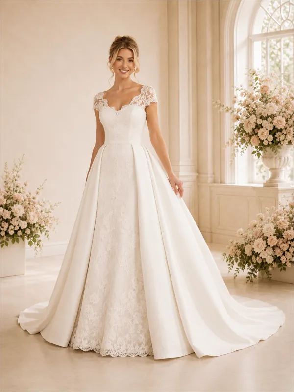 ChicSew A-line Cap Sleeves Lace Maxi Long Wedding Dresses With Satin Overskirt made by ChicSew