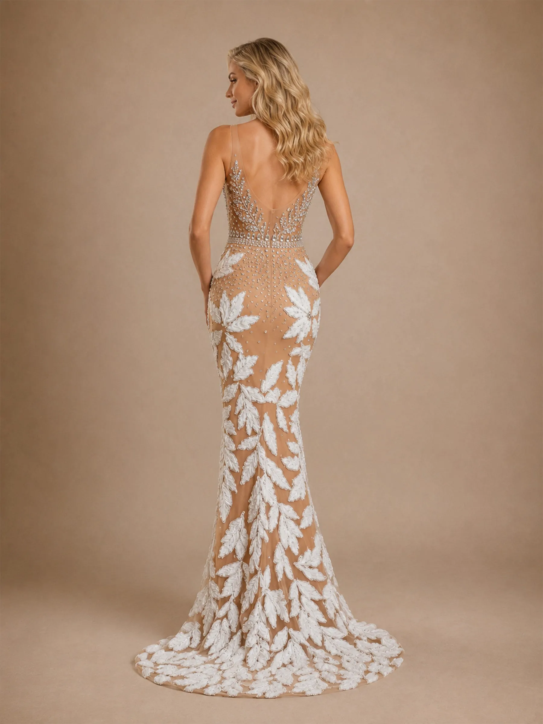 ChicSew Glamorous Sleeveless Deep V‑Neck Mermaid Lace Tulle Beaded Long Wedding Dresses With 3D Floral Applique sold by ChicSew product image thumbnail 3